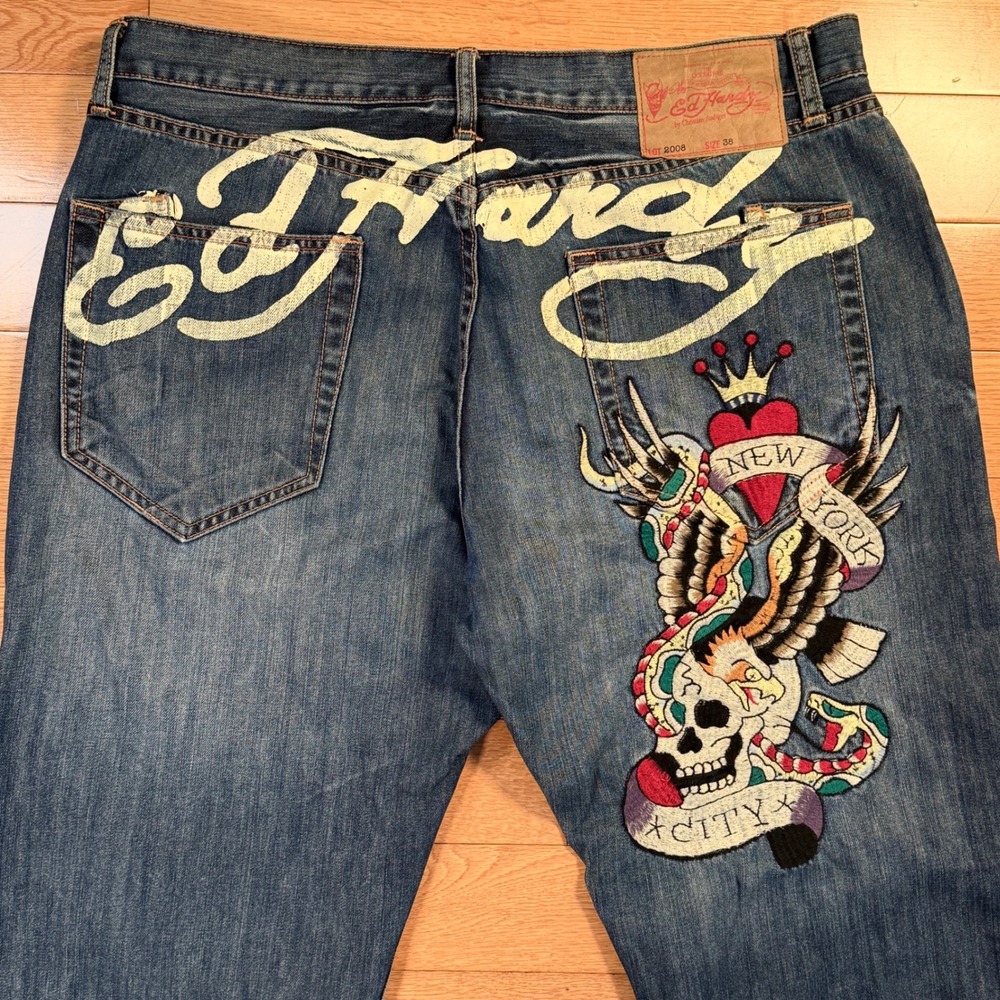 Ed Hardy Mens New York City Skull Snake Embroidered Jeans Blue 38x34 Y2K